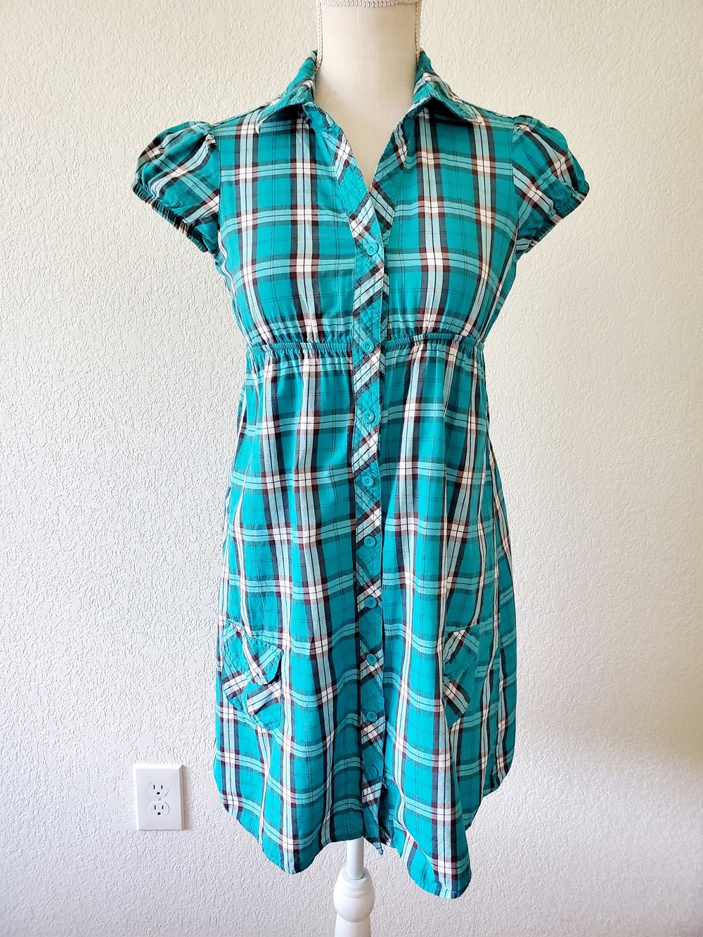 Turquoise Plaid Mini Dress with Button Front